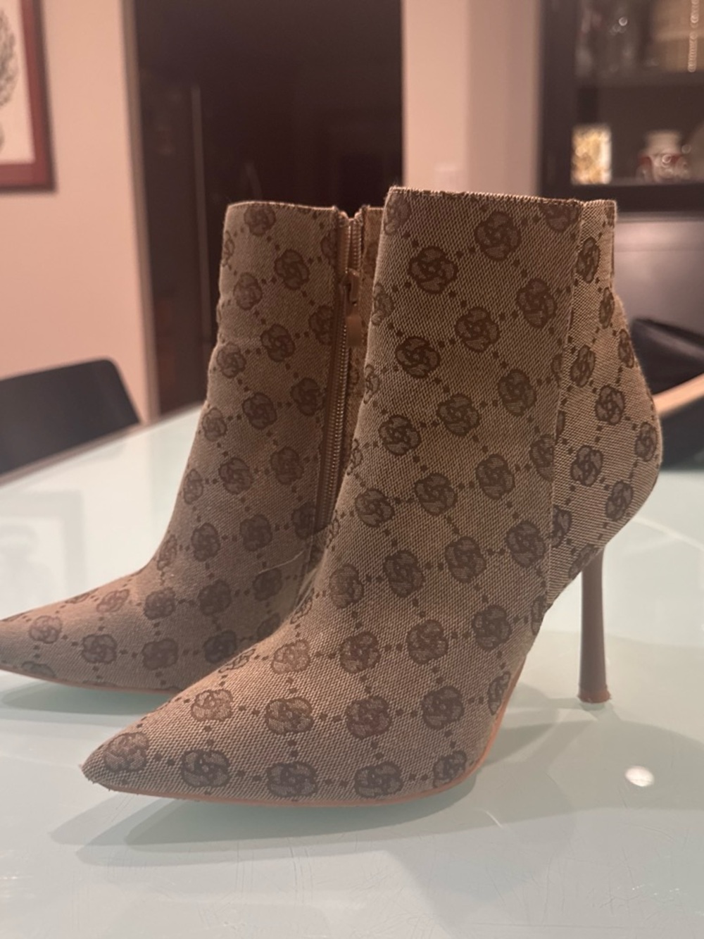 Women's Brown Patterned Pointed-Toe Ankle Boots